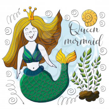 Vector illustration of a fabulous mermaid. Cartoon character for cards, flyers, children's books. Seaweed, corals, shells. Queen mermaid