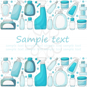 Vector rectangular frame made of elements. Set of bathroom elements in hand draw style. Collection of cans, packages, tubes. Antiseptic, toothpaste, gel, soap
