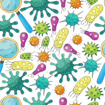 Vector Seamless pattern bacteria and microbes. Search for viruses, magnifier. Cartoon microbes in hand draw style. Coronavirus, viruses
