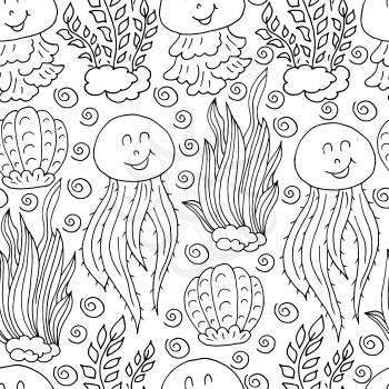 Vector Seamless pattern in hand draw style. Liner illustration. Pattern, background on the marine theme. Algae, jellyfish, shells