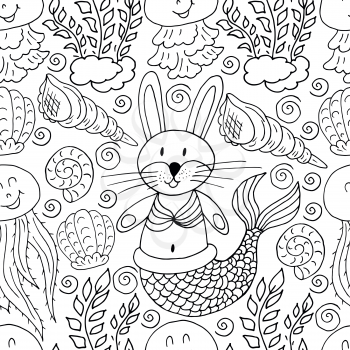 Vector Seamless pattern in hand draw style. Liner illustration. Pattern, background on the marine theme. Bunny mermaid, seashells, seaweed