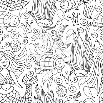 Vector Seamless pattern in hand draw style. Liner illustration. Pattern, background on the marine theme. Mermaid, turtles, seaweed