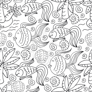Vector Seamless pattern in hand draw style. Liner illustration. Pattern, background on the marine theme. Palm trees, fish