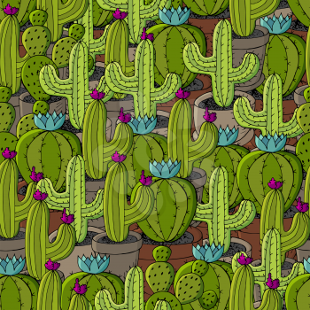 Vector seamless pattern of different cacti. Cute background from tropical plants. Exotic wallpaper in green colors. The trendy image