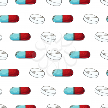 Vector Seamless pattern on a white background. Cartoon medical drugs in hand draw style. Background for packaging