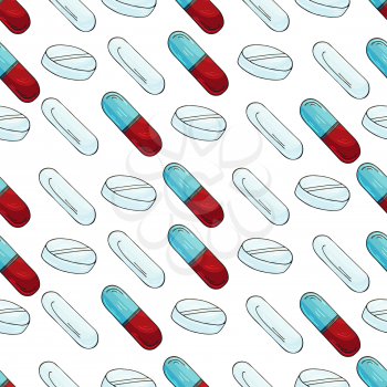 Vector Seamless pattern on a white background. Cartoon medical drugs in hand draw style. Background for packaging, advertising