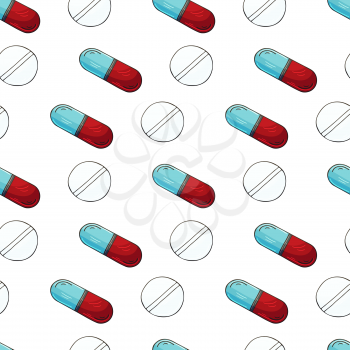 Vector Seamless pattern on a white background. Cartoon medical drugs in hand draw style. Background for packaging, advertising of tablets