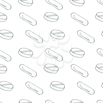 Vector Seamless pattern on a white background. White cartoon medical drugs in hand draw style. Background for packaging, advertising of tablet