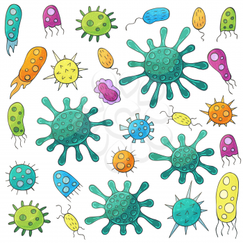 Vector set of design elements. Set of cartoon microbes in hand draw style. Coronavirus, viruses, bacteria, microorganisms