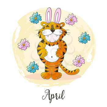 Year 2022 symbol for calendar decoration. April 2022. New Year of the Tiger according to the Chinese or Eastern calendar. Cute vector illustration in hand draw style