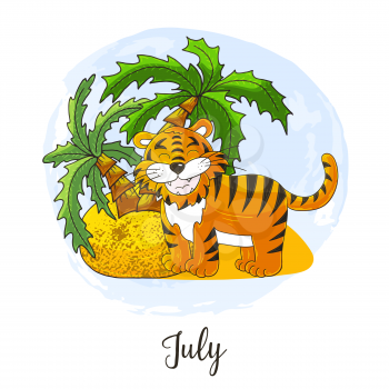 Year 2022 symbol for calendar decoration. July 2022. New Year of the Tiger according to the Chinese or Eastern calendar. Cute vector illustration in hand draw style