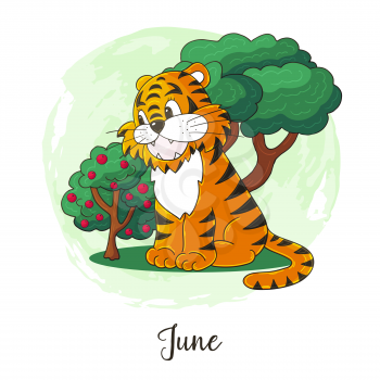 Year 2022 symbol for calendar decoration. June 2022. New Year of the Tiger according to the Chinese or Eastern calendar. Cute vector illustration in hand draw style