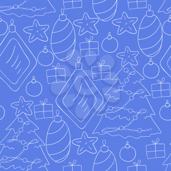 Blue Seamless vector pattern with stars, Christmas tree decorations. Can be used for fabric, packaging, wrapping paper, textile