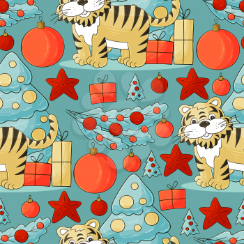 Bright Seamless vector pattern for year of the tiger 2022. Tiger, Christmas tree, gifts, Christmas tree decorations. Can be used for fabric, packaging and etc