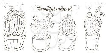 Coloring illustration. Set of cartoon images of cacti in flower pots. Cacti, aloe, succulents. Collection natural elements are isolated on white