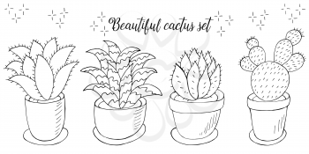 Coloring illustration. Set of cartoon images of cacti in flower pots. Cacti, aloe, succulents in a creative collection. Print pin, badge, sticker. Decorative natural elements are isolated on white