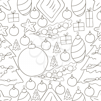 Coloring Pattern in hand draw style. Seamless vector pattern with Christmas tree decorations, gifts. New Year