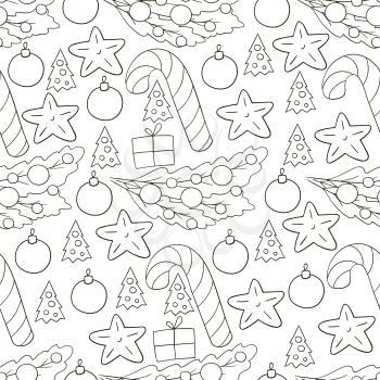 Coloring Pattern in hand draw style. Seamless vector pattern with stars, Christmas tree decorations. Can be used for fabric