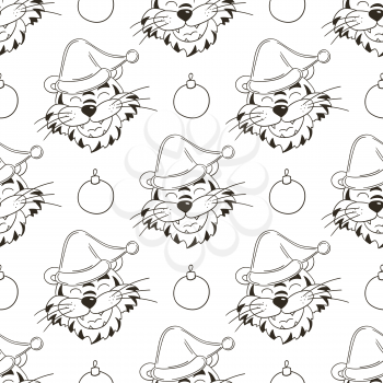 Coloring Seamless vector pattern with tigers heads in Christmas hats. Pattern. New Year's holidays 2022. Year of the tiger. Can be used for packaging and etc
