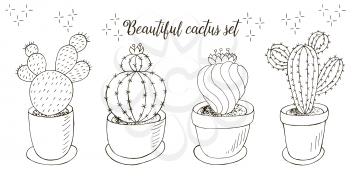 Coloring. Set of cartoon images of cacti in flower pots. Cacti, aloe, succulents. Collection natural elements