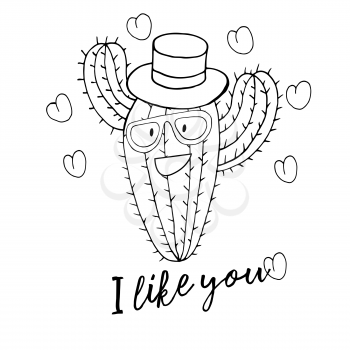Coloring vector illustration. Cartoon cactus. Stylish cactus in a hat and glasses. Hearts, love. I like you