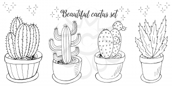 Cute vector illustration. Set of cartoon images of cacti in flower pots. Cacti, aloe, succulents. Creative collection. Decorative monochrome elements are isolated on white