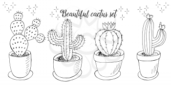 Cute vector illustration. Set of cartoon images of cacti in flower pots. Cacti, aloe, succulents in a creative collection. Print pin. Decorative monochrome elements are isolated on white