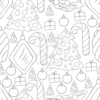 Monochrome seamless vector pattern with candy cane, Christmas tree decorations. Can be used for fabric, packaging, wrapping paper and etc