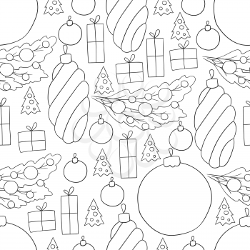 New Year. Seamless vector pattern with Christmas tree decorations, gifts. Monochrome Pattern in hand draw style