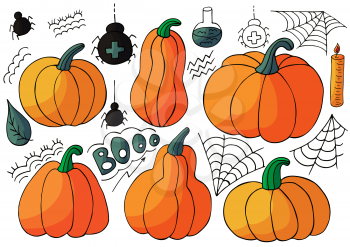 Pumpkin icons set in hand draw style. Collection of vector illustrations for Halloween design. Halloween elements, cartoon style. Sign, sticker, pin