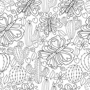Seamless botanical illustration. Tropical pattern of different cacti, aloe, exotic animals. Butterflies, monochrome flowers, hearts