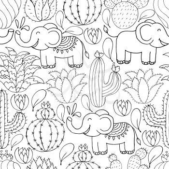 Seamless botanical illustration. Tropical pattern of different cacti, aloe, exotic animals. Elephants, monochrome flowers