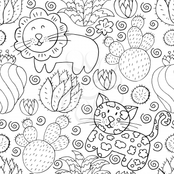 Seamless botanical illustration. Tropical pattern of different cacti, aloe, exotic animals. Lion, leopard, monochrome flowers