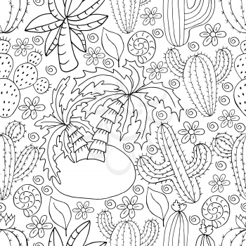 Seamless botanical illustration. Tropical pattern of different cacti, aloe, exotic animals. Palm tree, cockleshell, monochrome flowers