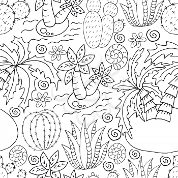 Seamless botanical illustration. Tropical pattern of different cacti, aloe, exotic animals. Shell, palm trees, monochrome flowers
