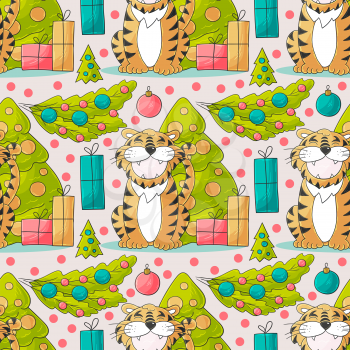 Seamless pastel pattern for year of the tiger 2022. Pattern in hand draw style. Tiger, Christmas tree, gifts. Can be used for fabric, packaging and etc