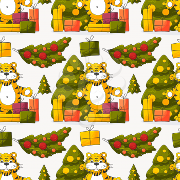 Seamless pastel pattern for year of the tiger 2022. Pattern. Tiger, Christmas tree, gifts. Can be used for fabric, packaging, wrapping paper, textile and etc