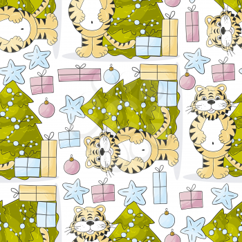 Seamless pastel pattern for year of the tiger 2022. Tiger, Christmas tree, gifts, Christmas tree decorations. Can be used for fabric, packaging, wrapping and etc