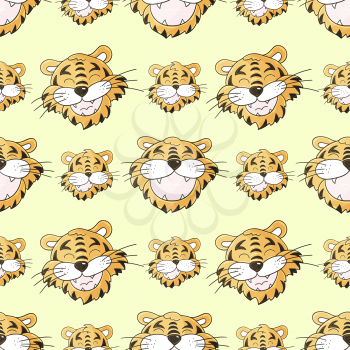 Seamless pastel pattern with tigers faces. Pattern in hand draw style. New Year's holidays 2022. Year of the tiger. Can be used for fabric and etc