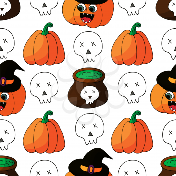 Seamless pattern for Halloween design. Vector illustration in hand draw style. Decorative print with cute pumpkins in witch hats and skulls
