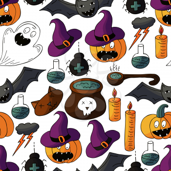 Seamless pattern for Halloween design. Vector illustration in hand draw style. Decorative print with cute pumpkins in witch hats and witch accessories