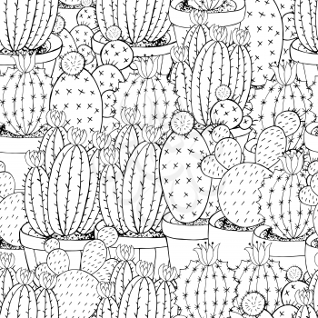 Seamless pattern of different cacti. Cute vector background of exotic plants. Tropical monochrome wallpaper. Trendy image is ideal for design