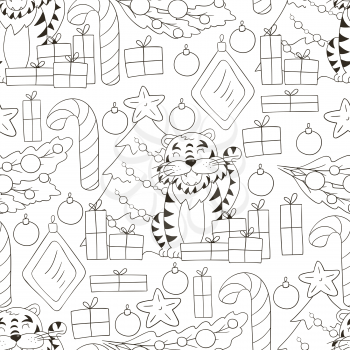 Seamless vector pattern for year of the tiger 2022. Pattern. Tiger, Christmas tree, gifts, candy cane. Can be used for fabric, Coloring, textile and etc