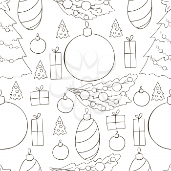 Seamless vector pattern with Christmas tree decorations, gifts. New Year's Coloring. Can be used for fabric, packaging, wrapping paper and etc