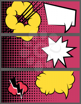 For sale banner set. Comic speech balloon explosion on halftone dot background pop art style. Collection abstract creative hand drawn colored blank bubble. Comic book text dialog empty cloud.