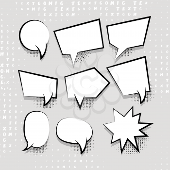 Comic speech set balloon on halftone dot background pop art style. Comic book text dialog empty white template cloud. For sale banner. Abstract creative collection vector white blank bubble.