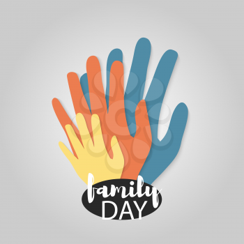 Family day. Hand print isolated on white background mother, father, baby finger. Abstract concept family holiday. Parents care. Happy symbol of family love. Vector illustration material long shadow.