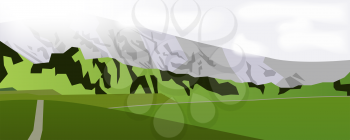 Horizontal web banner mountain landscape. Lush green foliage, Hiking, outdoor activities. Beautiful road through the forest. Fog in mountains and white clouds. Vector illustrated panorama.