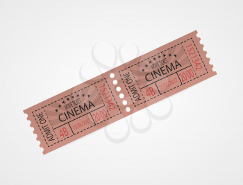 Designer vector illustration isolated on white background. Red retro cinema ticket. Vintage texture ticket paper in old pop art style. Coupons.