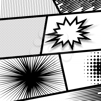 Monochrome halftone background vector illustration. Comic strip and comic speech bubbles. Pop art comic balloon template. Collection sunbeam dot backgrounds.